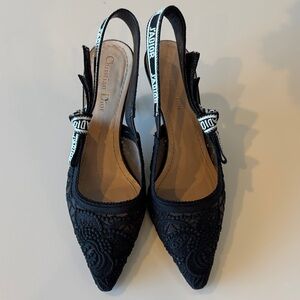 Dior J’adior Black Macrame Embroidered Slingback Pumps Low Heels EU 38.5 US 8.5